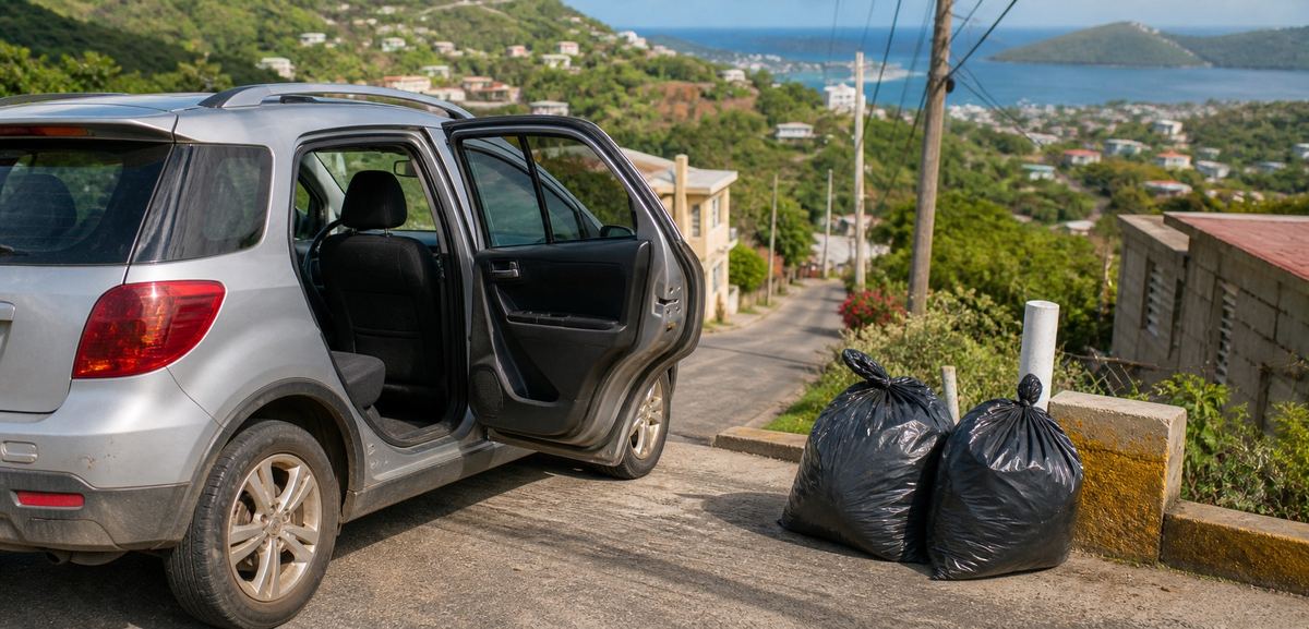 Two tied trash bags beside an open car door on a St. Thomas hillside road, the sea beyond