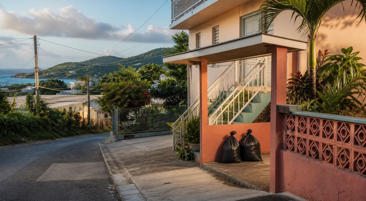 Two tied bags at the top of a driveway on a St. Thomas road, early morning